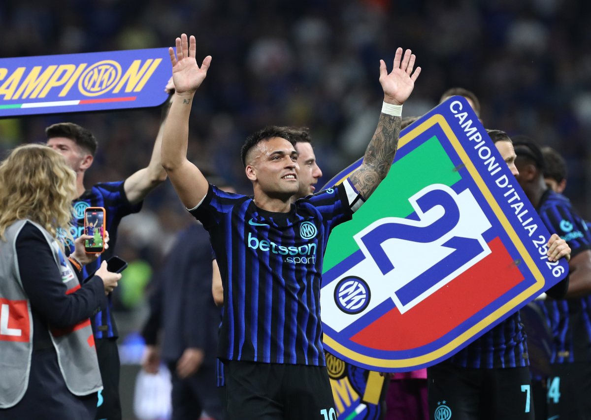 MILAN, ITALY - MAY 03: Lautaro Martinez of FC Internazionale Milano celebrates after being confirmed as Serie A champions following victory in the Serie A match between FC Internazionale and Parma Calcio 1913 at Giuseppe Meazza Stadium on May 03, 2026 in Milan, Italy. (Photo by Marco Luzzani/Getty Images)