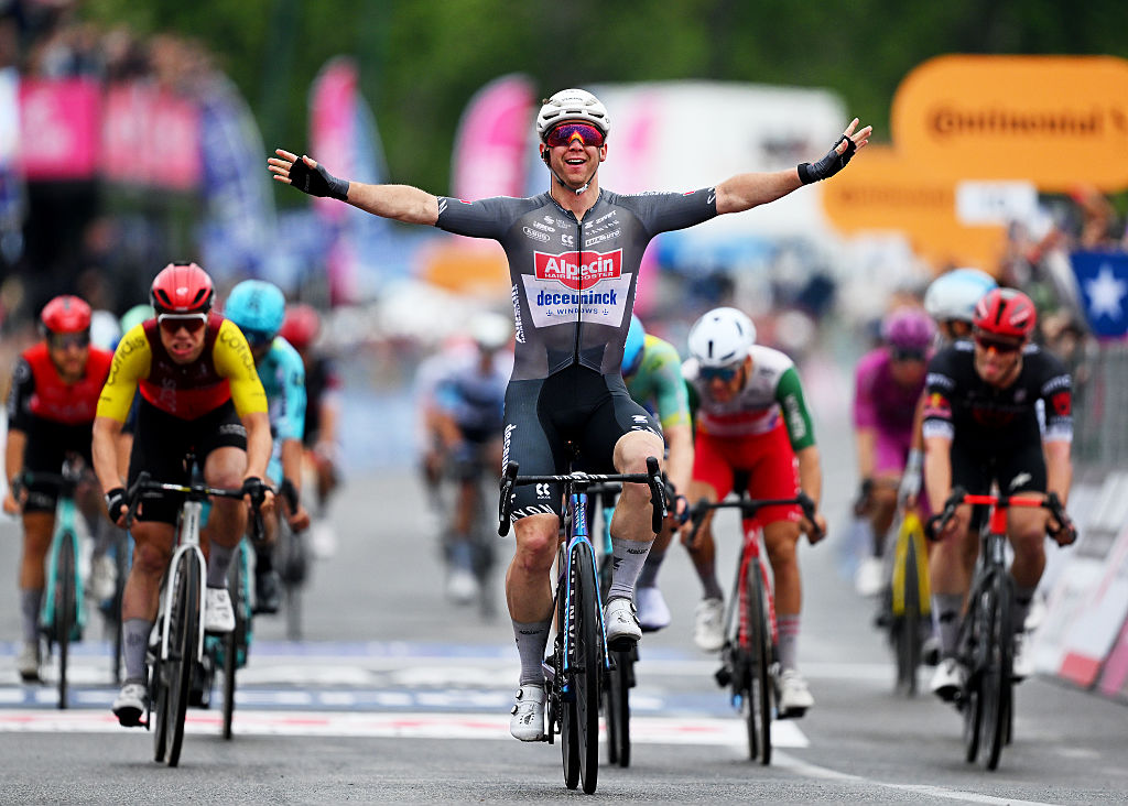 Kaden Groves of Australia and Team Alpecin - Deceuninck celebrates at finish line as stage winner during the 108th Giro d'Italia