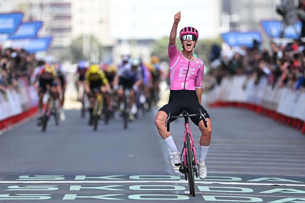 A CORUNA, SPAIN - MAY 05: Cedrine Kerbaol of France and Team EF Education-Oatly celebrates at finish line as stage winner during the 12th La Vuelta Femenina 2026, Stage 3 a 121.2km stage from Padron to A Coruna / #UCIWWT / on May 05, 2026 in A Coruna, Spain. (Photo by Szymon Gruchalski/Getty Images)