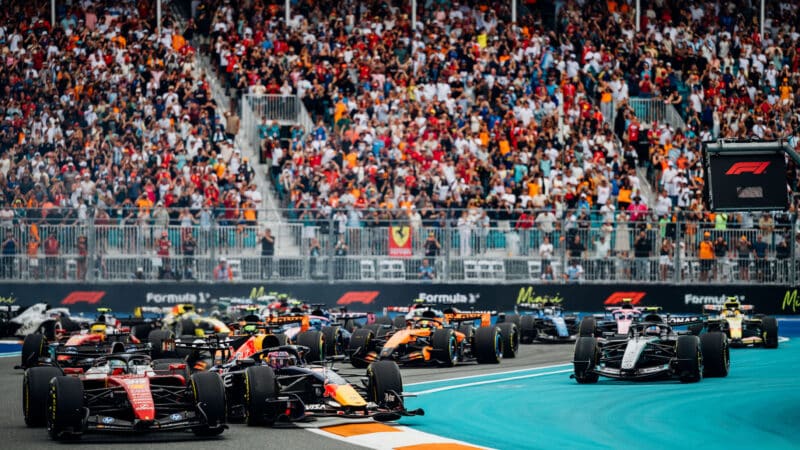 Max Verstappen starts to spin at the start of the 2026 F1 Miami Grand Prix