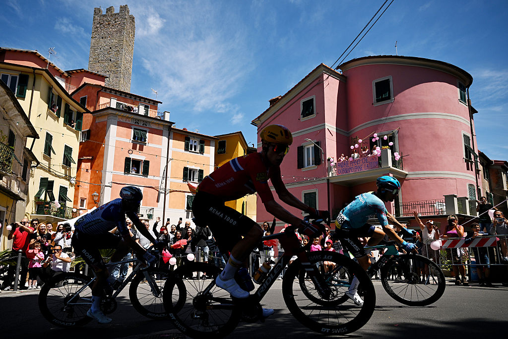 CHIAVARI, ITALY - MAY 20: (L-R) Nico Denz of Germany and Team Red Bull - BORA - hansgrohe, Andreas Leknessund of Norway and Team Uno-X Mobility and Diego Ulissi of Italy and Team XDS Astana compete in the breakaway during the 109th Giro d&amp;apos;Italia 2026, Stage 11 a 195km stage from Porcari to Chiavari / #UCIWT / on May 20, 2026 in Chiavari, Italy. (Photo by Dario Belingheri/Getty Image)