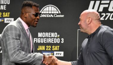 Dana White and Francis Ngannou exchange greetings at the UFC 270 press conference