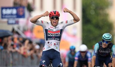 PIEVE DI SOLIGO, ITALY - MAY 28: (L-R) Paul Magnier of France and Team Soudal Quick-Step celebrates at finish line as stage winner ahead of Edoardo Zambanini of Italy and Team Bahrain - Victorious during the 109th Giro d&amp;amp;apos;Italia 2026, Stage 18 a 171km stage from Fai della Paganella to Pieve di Soligo / #UCIWT / on May 28, 2026 in Pieve di Soligo, Italy. (Photo by Dario Belingheri/Getty Images)