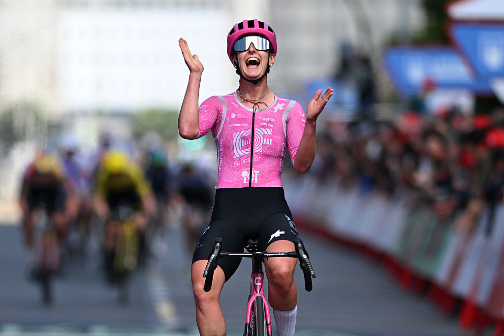 A CORUNA, SPAIN - MAY 05: Cedrine Kerbaol of France and Team EF Education-Oatly celebrates at finish line as stage winner during the 12th La Vuelta Femenina 2026, Stage 3 a 121.2km stage from Padron to A Coruna / #UCIWWT / on May 05, 2026 in A Coruna, Spain. (Photo by Szymon Gruchalski/Getty Images)