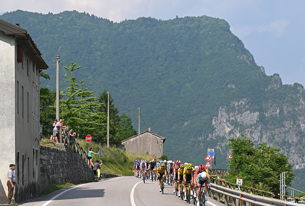 PIEVE DI SOLIGO, ITALY - MAY 28: Ryan Mullen of Ireland and Team NSN Cycling leads the peloton during the 109th Giro d&amp;apos;Italia 2026, Stage 18 a 171km stage from Fai della Paganella to Pieve di Soligo / #UCIWT / on May 28, 2026 in Pieve di Soligo, Italy. (Photo by Tim de Waele/Getty Images)