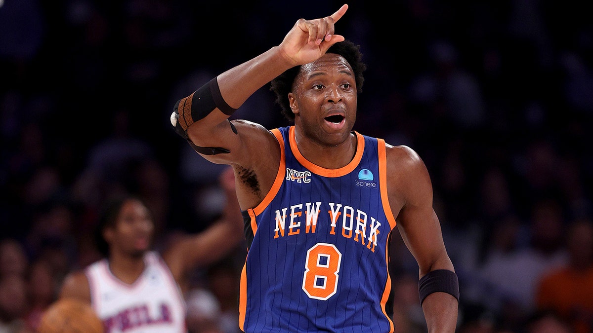 OG Anunoby of the New York Knicks celebrating a shot during a basketball game at Madison Square Garden
