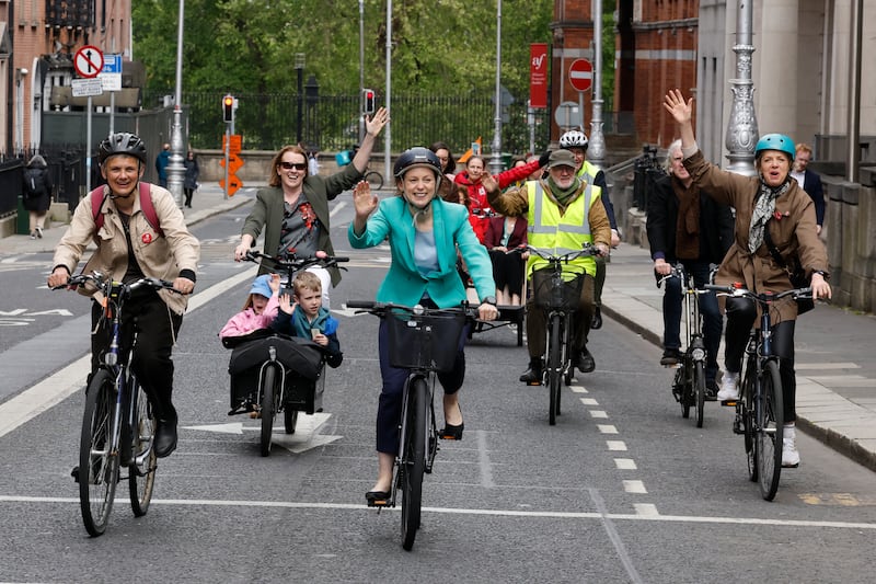 From left are cyclists including Ruth O'Dea (Labour Party candidate, Dublin Central), Labour TD Marie Sherlock, Senator Malcolm Noonan and Labour leader Ivana Bacik at the National Bike Week event at Kildare Street. Photograph: Nick Bradshaw/The Irish Times