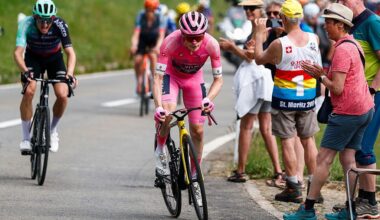 Team Visma Lease a Bike Danish rider Jonas Vingegaard wearing the overall leader's pink jersey (Maglia Rosa) attacks in the final climb during the 16th stage of the Giro d'Italia 2026 - Tour of Italy cycling race between Bellinzona and Cari, Switzerland, on May 26, 2026. (Photo by Luca Bettini / AFP)