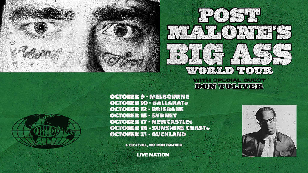 tour artwork detailing dates and locations for Post Malone's Australia tour