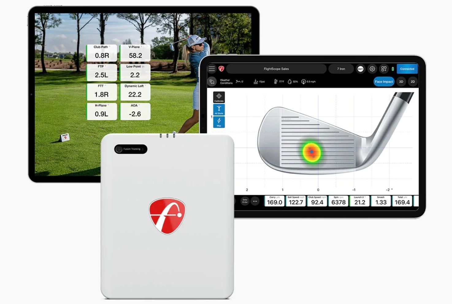 Golf launch monitor device with two tablets displaying swing analysis and clubhead impact data.