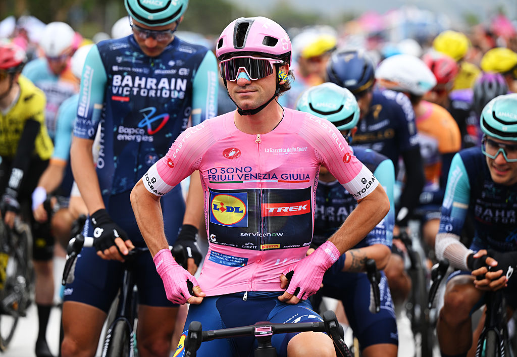 PRAIA-A-MARE, ITALY - MAY 13: Giulio Ciccone of Italy and Team Lidl - Trek - Pink Leader Jersey prior to the 109th Giro d&amp;apos;Italia 2026, Stage 5 a 203km stage from Praia a Mare to Potenza 705m / #UCIWT / on May 13, 2026 in Praia a Mare, Italy. (Photo by Dario Belingheri/Getty Images)