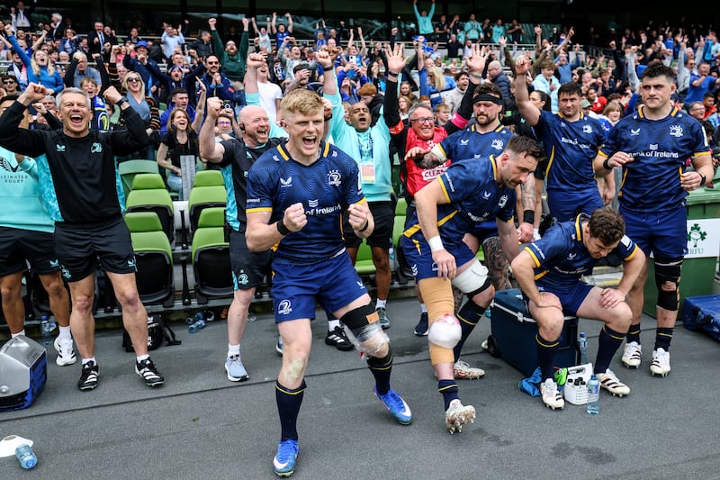 Leinster's Tommy O'Brien reacts as the final whistle in the semi-final confirms Leinster will be heading to another Champions Cup final. Photograph: Ben Brady/Inpho