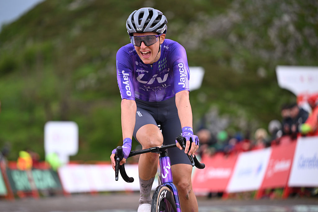 NAVA, SPAIN - MAY 08: Monica Trinca Colonel of Italy and Team Liv AlUla Jayco crosses the finish line during the 12th La Vuelta Femenina 2026, Stage 6 a 106.5km stage from Gijon / Xixon to Les Praeres. Nava 738m / #UCIWWT / on May 08, 2026 in Nava, Spain. (Photo by Szymon Gruchalski/Getty Images)