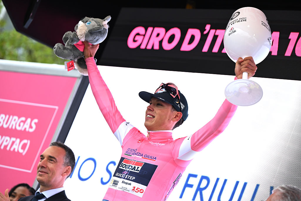 BURGAS, BULGARIA - MAY 08: Detailed view of Paul Magnier of France and Team Soudal Quick-Step celebrates at podium as Pink Leader Jersey winner during the 109th Giro d&amp;apos;Italia 2026, Stage 1 a 147km stage from Nessebar to Burgas / #UCIWT / on May 08, 2026 in Burgas, Bulgaria. (Photo by Dario Belingheri/Getty Images)