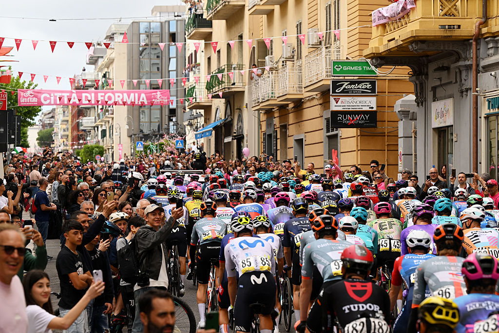 A general view of the peloton prior to the 109th Giro d'Italia 2026, Stage 7 a 244km stage from Formia to Blockhaus