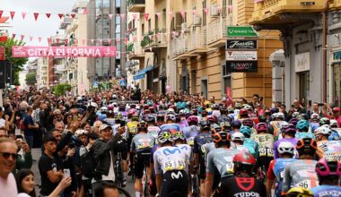 A general view of the peloton prior to the 109th Giro d'talia 2026, Stage 7 a 244km stage from Formia to Blockhaus