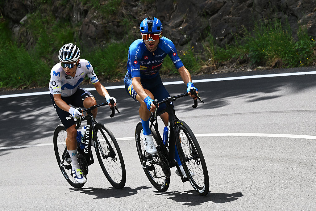 ALLEGHE, ITALY - MAY 29: (L-R) Einer Rubio of Colombia and Team Movistar and Giulio Ciccone of Italy and Team Lidl - Trek - Blue Mountain Jersey compete in the breakaway during the 109th Giro d&amp;apos;Italia 2026, Stage 19 a 151km stage from Feltre to Alleghe - Piani di Pezze 1467m / #UCIWT / on May 29, 2026 in Alleghe, Italy. (Photo by Dario Belingheri/Getty Images)