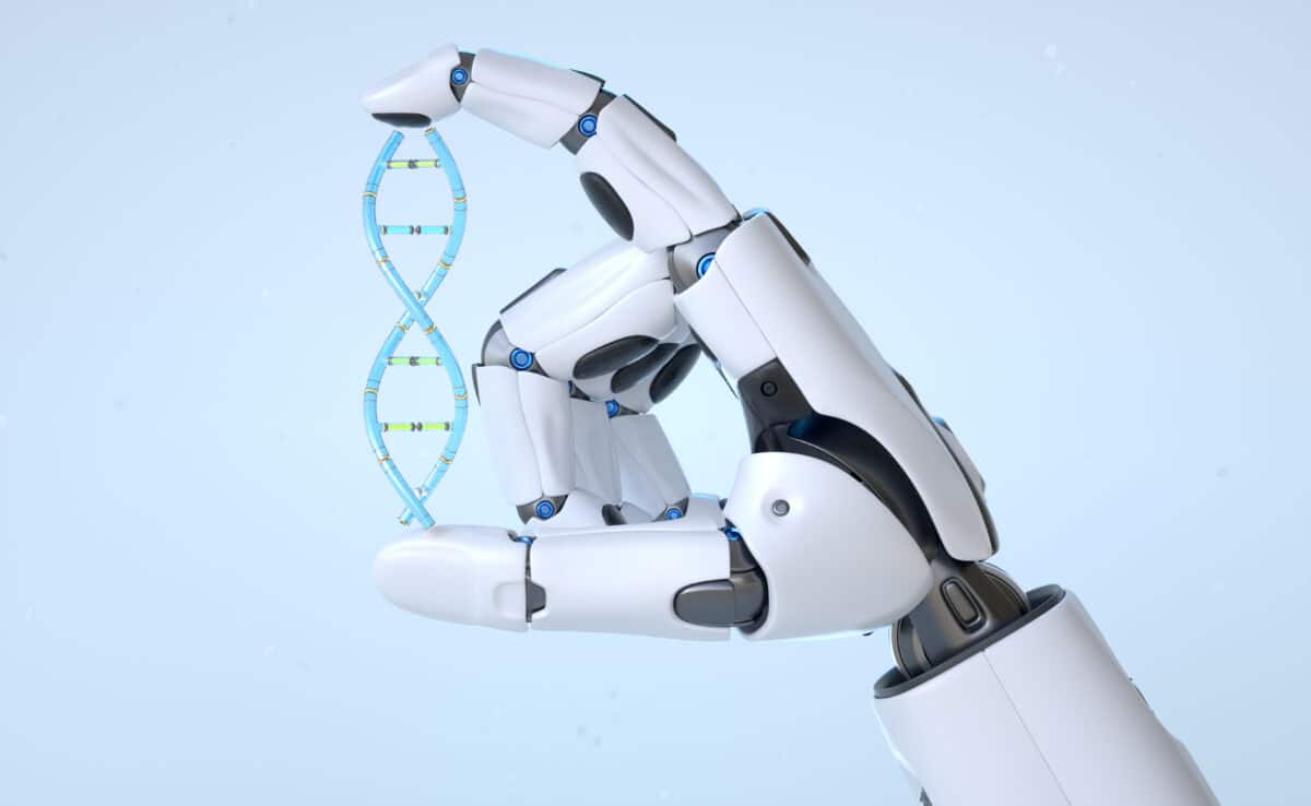 Robot android hand holding DNA strand
