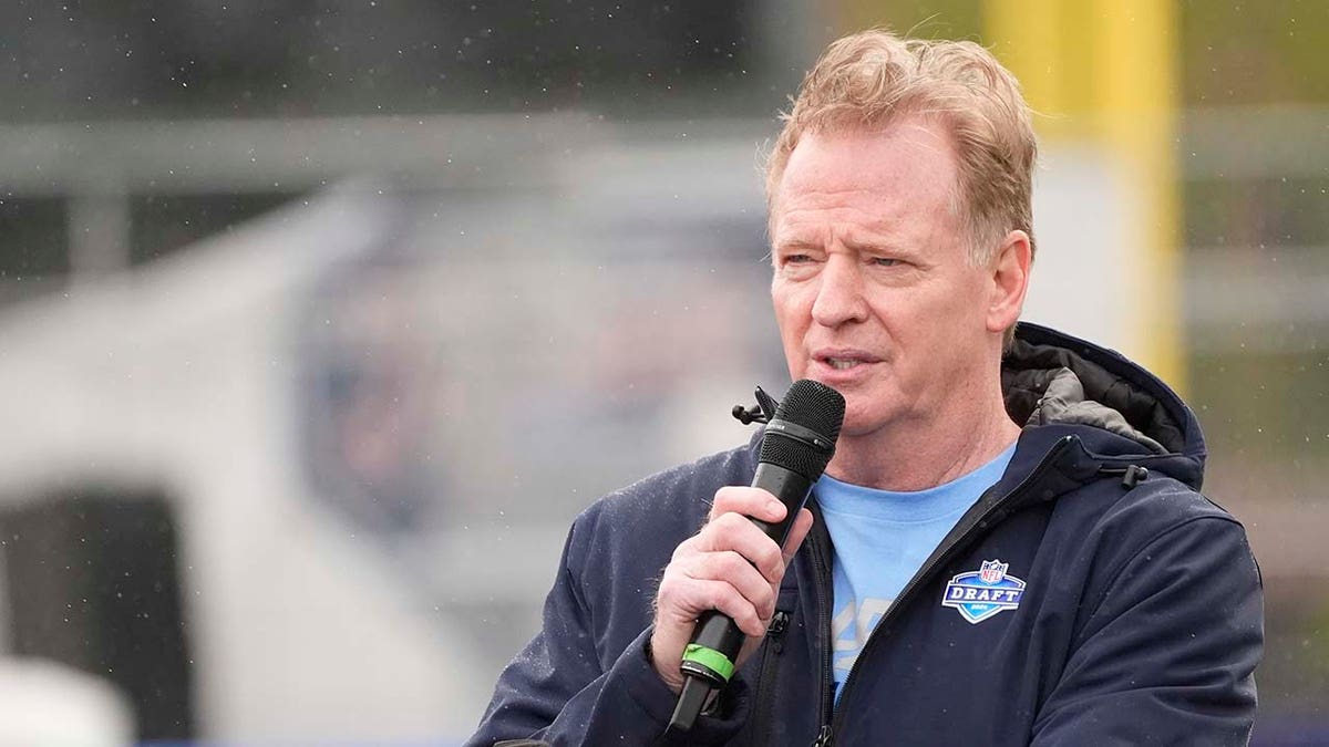 NFL Commissioner Roger Goodell speaking to crowd at Play Football Prospect Clinic in Detroit