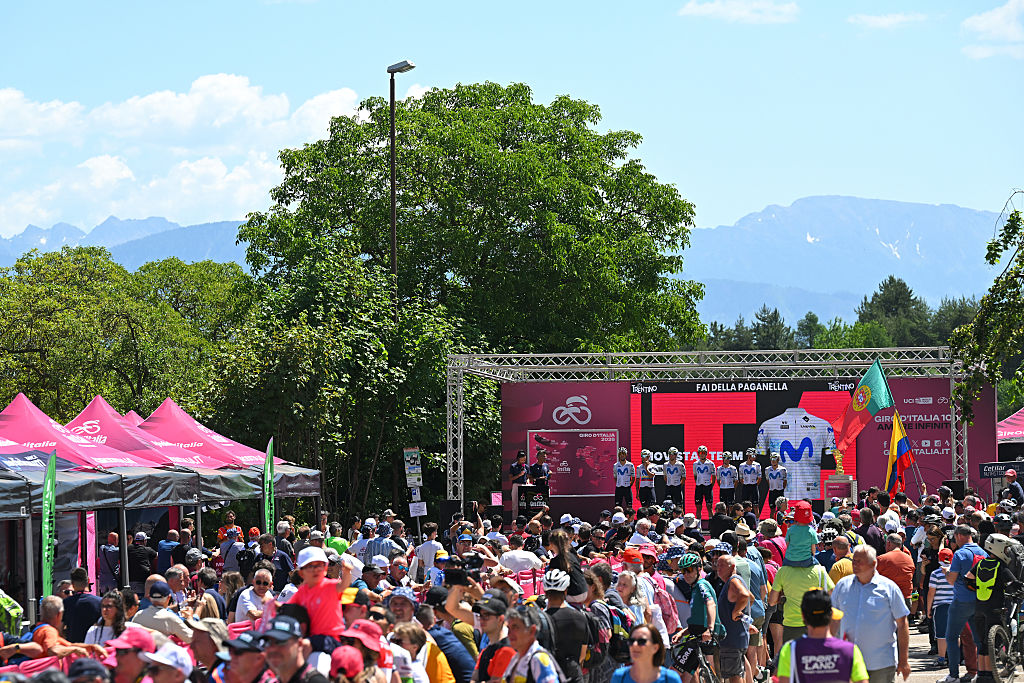 FAI DELLA PAGANELLA, ITALY - MAY 28: Enric Mas of Spain, Orluis Aular of Venezuela, Ivan Garcia Cortina of Spain, Juan Pedro Lopez of Spain, Lorenzo Milesi of Italy, Nelson Oliveira of Portugal, Einer Rubio of Colombia and Team Movistar prior to the 109th Giro d&amp;apos;Italia 2026, Stage 18 a 171km stage from Fai della Paganella to Pieve di Soligo / #UCIWT / on May 28, 2026 in Fai della Paganella, Italy. (Photo by Tim de Waele/Getty Images)