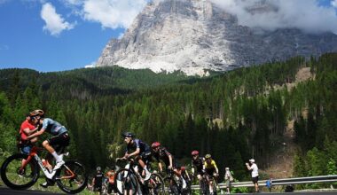 ALLEGHE, ITALY - MAY 29: (L-R) Embret Svestad-Bardseng of Norway and Netcompany INEOS Cycling Team, Chris Harper of Australia and Team Pinarello Q36.5 Pro Cycling, Mathys Rondel of France, Michael Storer of Australia and Team Tudor Pro Cycling and Sepp Kuss of United States and Team Visma