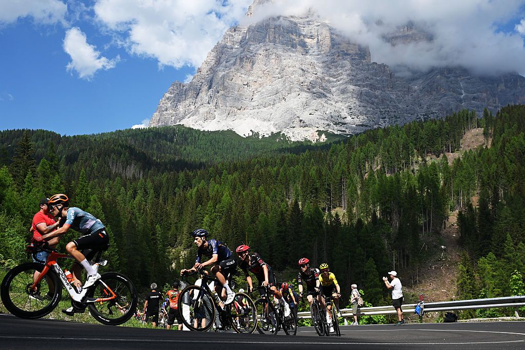 ALLEGHE, ITALY - MAY 29: (L-R) Embret Svestad-Bardseng of Norway and Netcompany INEOS Cycling Team, Chris Harper of Australia and Team Pinarello Q36.5 Pro Cycling, Mathys Rondel of France, Michael Storer of Australia and Team Tudor Pro Cycling and Sepp Kuss of United States and Team Visma