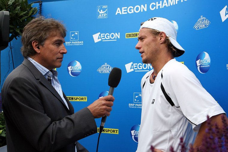 LONDON, ENGLAND - JUNE 08: BBC Sport presenter John Inverdale interviews Lleyton Hewitt of Australia Lleyton Hewitt of Australia during Day 1 of the the AEGON Championship at Queens Club on June 8, 2009 in London, England. (Photo by Hamish Blair/Getty Images)