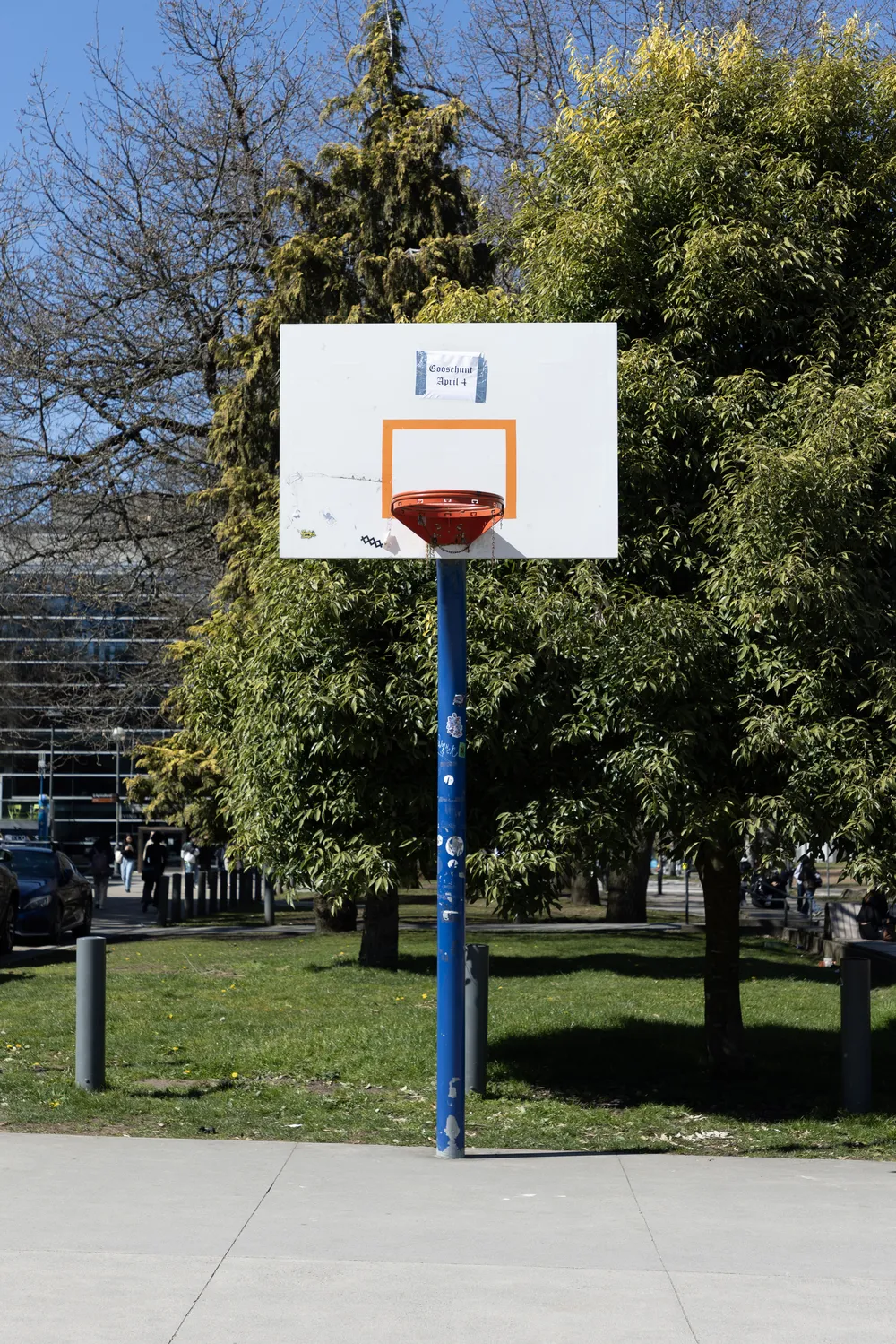 A photo of a basketball hoop by the Nest, with a Goosehunt sign tacked on to the backboard.
