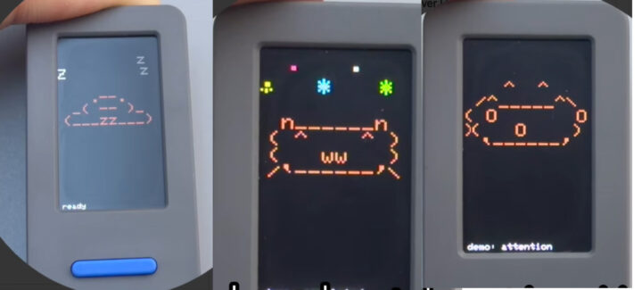 Sleep mode with ZZZs (left), busycelebrate animation (middle), and Attentionalert mode when waiting for approval (right)