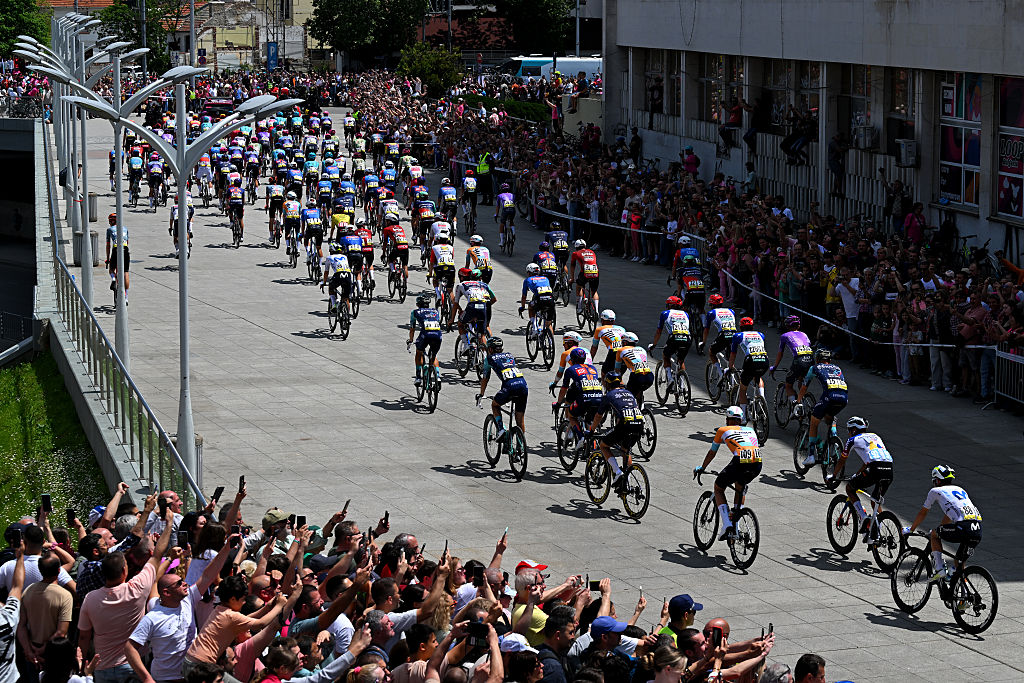 PLOVDIV, BULGARIA - MAY 10: A general view of the peloton prior to the 109th Giro d&amp;apos;Italia 2026, Stage 3 a 175km stage from Plovdiv to Sofia / #UCIWT / on May 10, 2026 in Plovdiv, Bulgaria. (Photo by Tim de Waele/Getty Images)