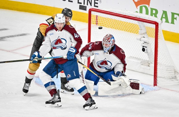 Mackenzie Blackwood (39) of the Colorado Avalanche deflects a shot as Josh Manson (42) defends Brett Howden (21) of the Vegas Golden Knights during the second period of Game 4 of the NHL Western Conference Final at T-Mobile Arena in Las Vegas, Nevada on Tuesday, May 26, 2026. (Photo by AAron Ontiveroz/The Denver Post)