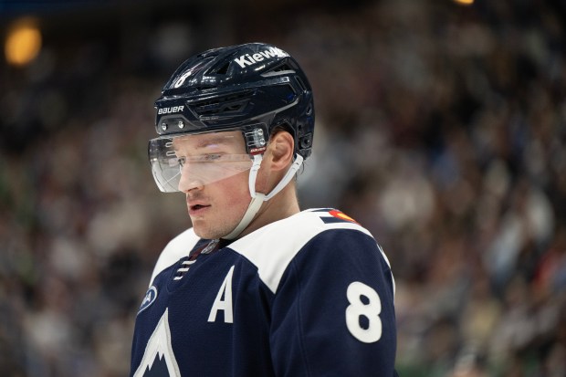 Defenseman Cale Makar (8) of the Colorado Avalanche skates during overtime against the Dallas Stars on Wednesday, March 18, 2026, at Ball Arena in Denver. (Photo by Timothy Hurst/The Denver Post)