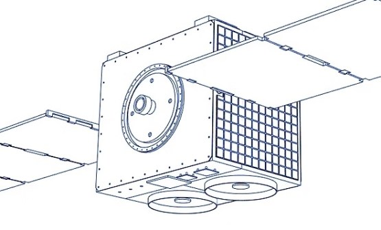 An outline graphic showing the basis design of the Spiral Blue Teal satellite