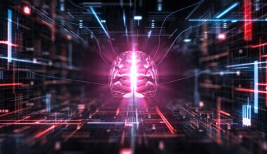 An illustration of a glowing pink brain over a series of colorful red and blue circuits.