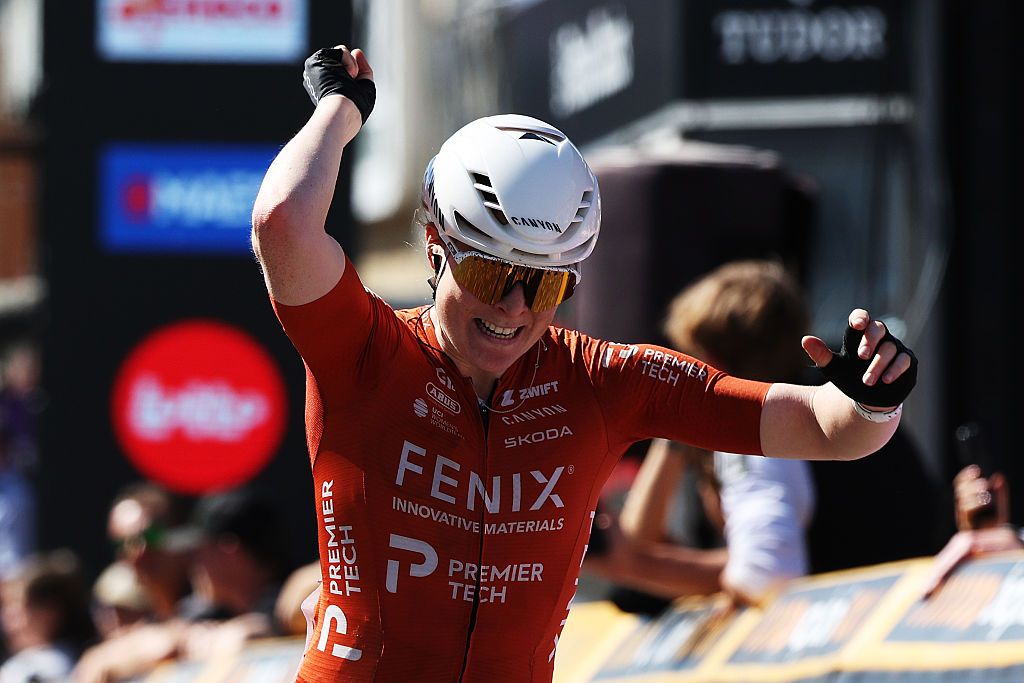 Charlotte Kool of Netherlands and Team Fenix-Premier Tech celebrates at finish line as race winner during the 6th Scheldeprijs 2026, Women's Elite a 130.3km one day race from Schoten to Schoten