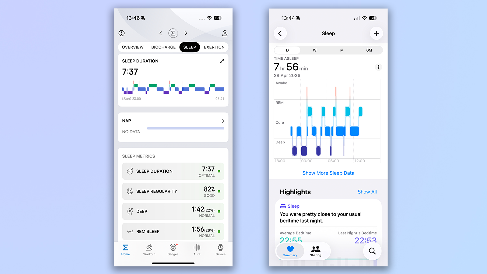 screenshots from the apple watch se 3 sleep tracking and zepp amazfit active 3 premium sleep tracking