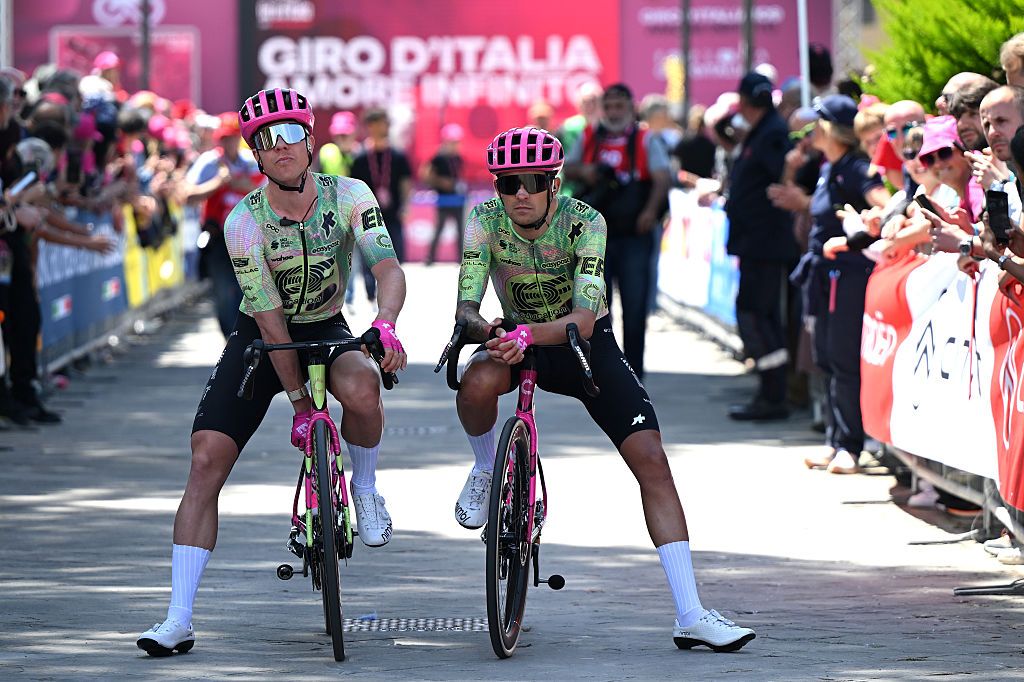 PORCARI, ITALY - MAY 20: (L-R) Michael Valgren of Denmark and James Shaw of Great Britain and Team EF Education - EasyPost prior to the 109th Giro d&amp;apos;Italia 2026, Stage 11 a 195km stage from Porcari to Chiavari / #UCIWT / on May 20, 2026 in Porcari, Italy. (Photo by Dario Belingheri/Getty Image)