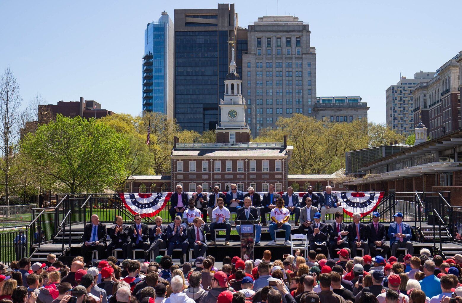 Apr 16, 2019; Philadelphia, PA, USA; MLB commissioner Rob Manfred addresses fans and media during an event at Independence Mall to announce Philadelphia as the host of the 2026 All Star Game.