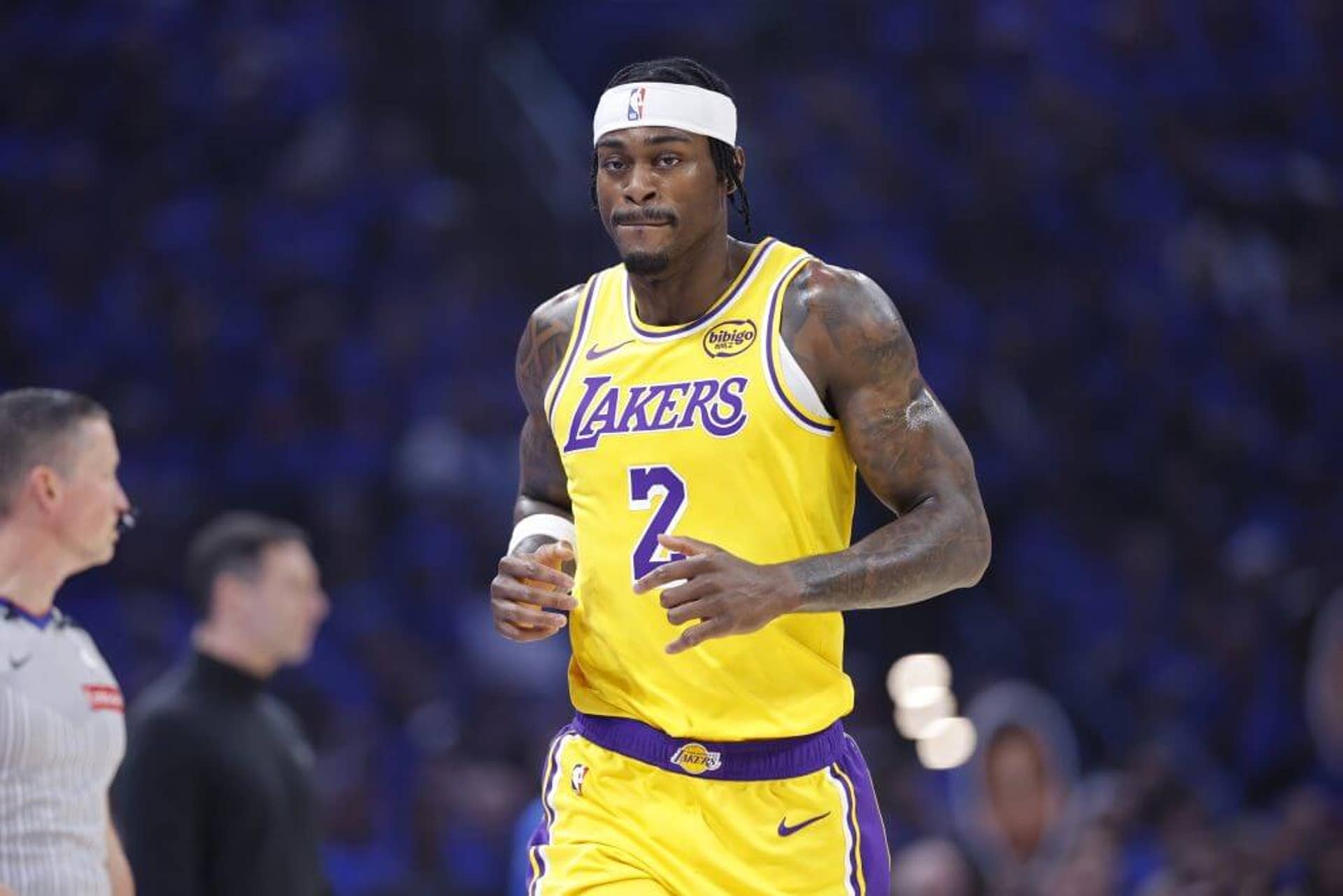 Los Angeles Lakers forward Jarred Vanderbilt reacts while jogging down the floor during Game 1 of an NBA playoff series against the Oklahoma City Thunder.