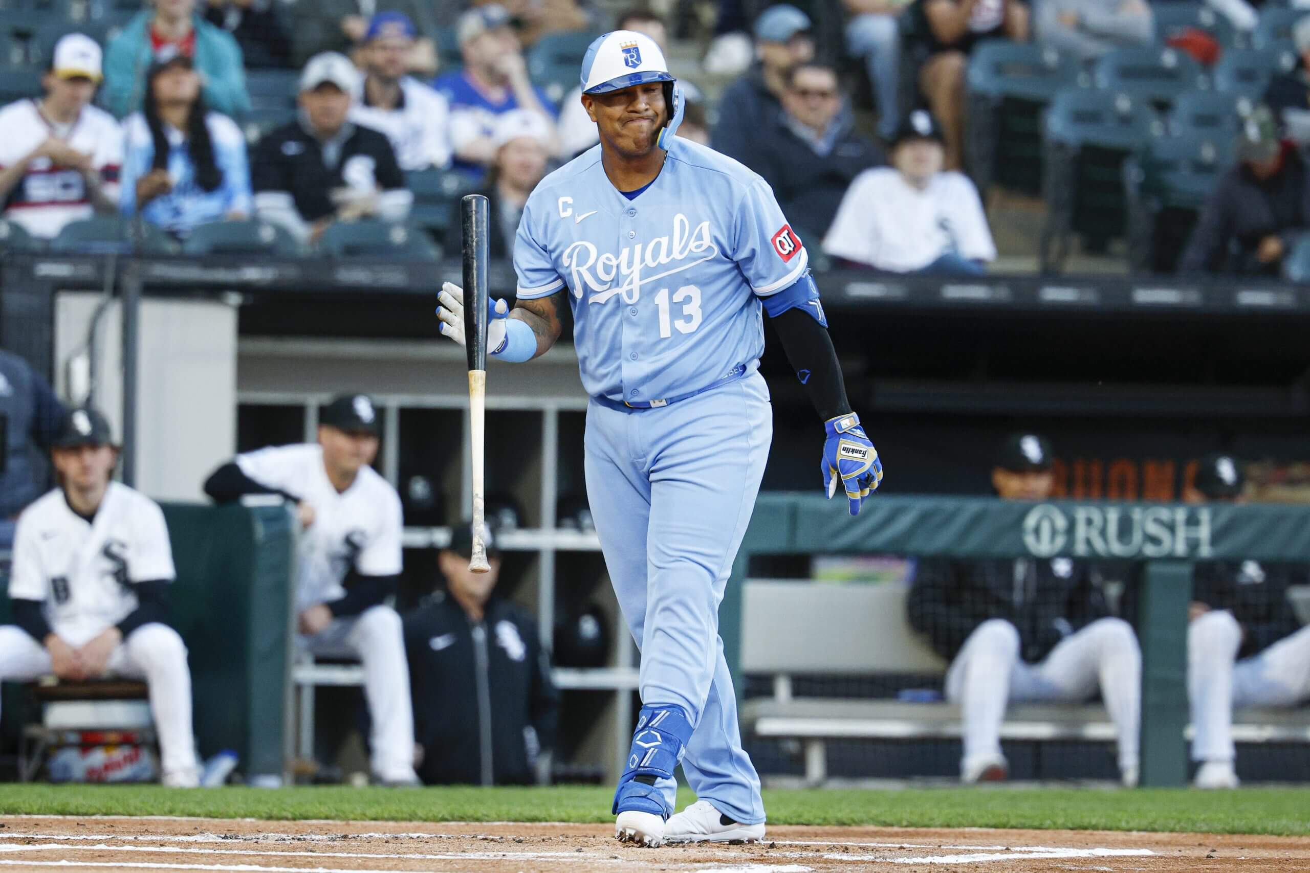 Kansas City Royals catcher Salvador Perez (13) reacts after striking out against the Chicago White Sox during the first inning at Rate Field.