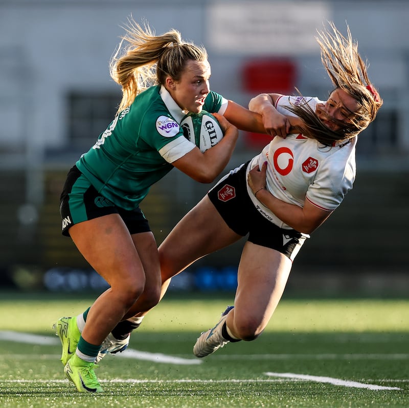 Ireland's Aoife Dalton and Wales' Kayleigh Powell. Photograph: Inpho