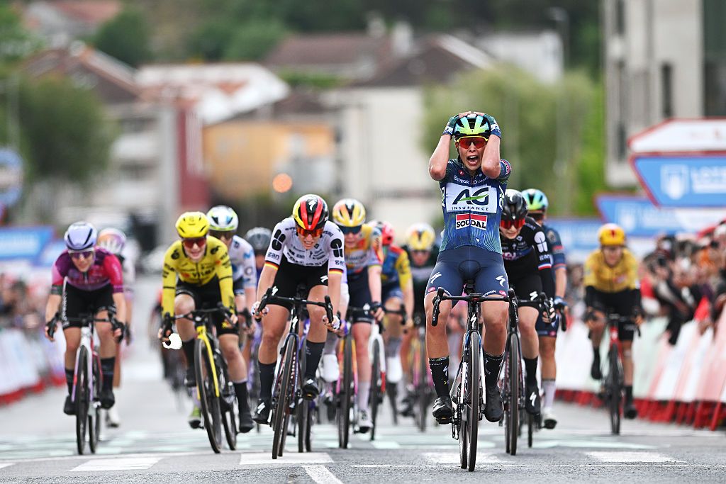 Shari Bossuyt (AG Insurance - Soudal) celebrates after winning stage 2 of La Vuelta Femenina 2026. (Photo by Szymon Gruchalski/Getty Images)