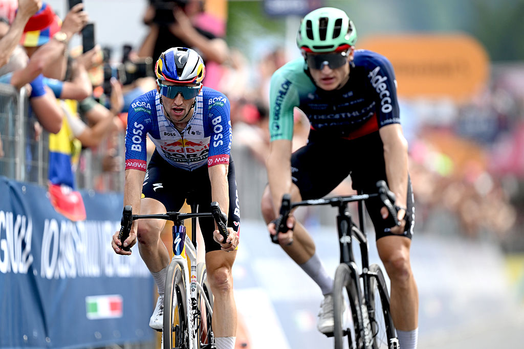 Jai Hindley of Australia and Team Red Bull - BORA - hansgrohe crosses the finish line third place winner during stage 20 of the Giro d'Italia