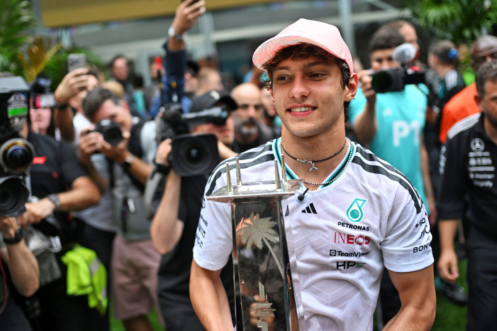 Kimi Antonelli celebrates winning the Formula 1 Miami Grand Prix with his Mercedes team.