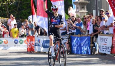 Pro cyclist Gery Celia of the FDJ United Suez team arriving at the finishing line in first place during the first round of the French Women's cycling cup at Grand Prix de Chamb&eacute;ry