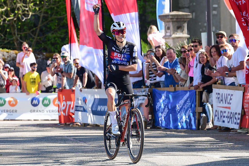 Pro cyclist Gery Celia of the FDJ United Suez team arriving at the finishing line in first place during the first round of the French Women's cycling cup at Grand Prix de Chamb&eacute;ry