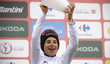 Third placed of 2026 La Vuelta Femenina cycling tour of Spain, team Team Visma - Lease a Bike's French rider Marion Bunel celebrates on the podium after the 7th stage, a 132.9 km race between Pola de Laviana and Alto de l'Angliru, on May 9, 2026. (Photo by Miguel RIOPA / AFP via Getty Images)