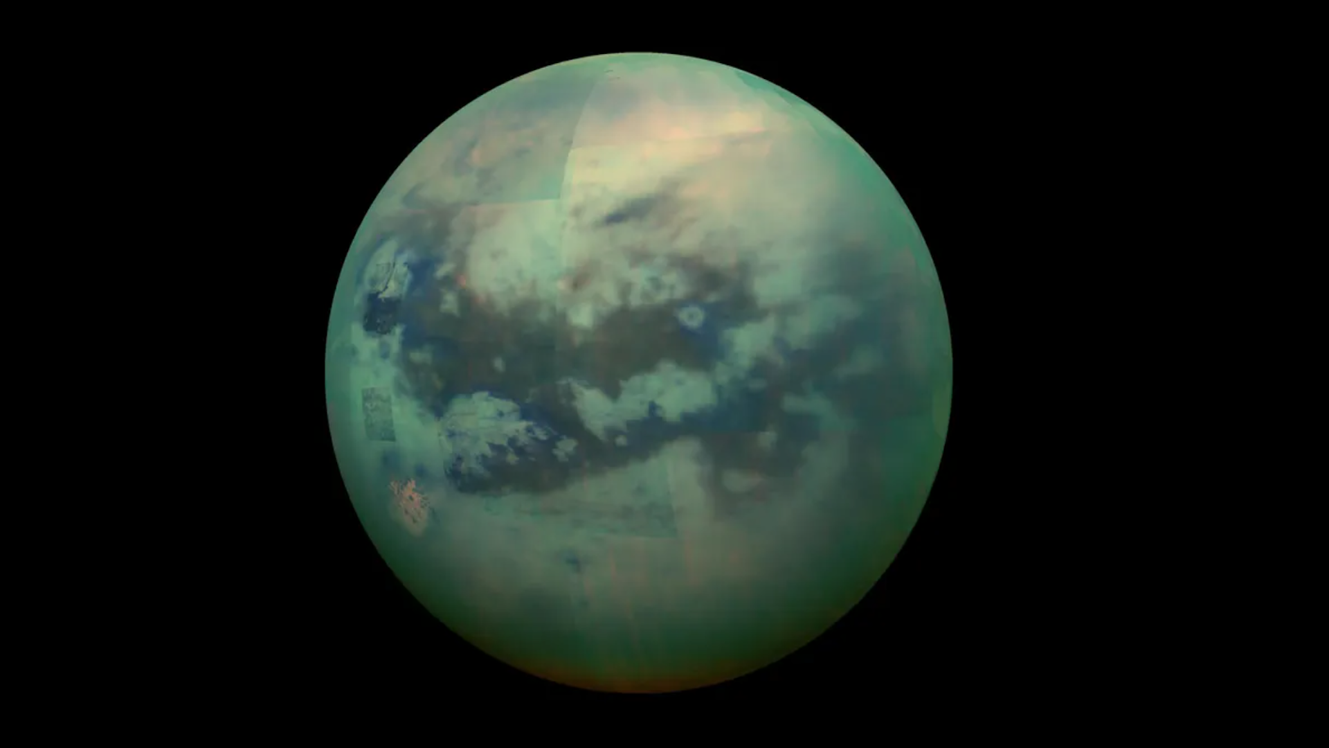 A NASA image of Saturn's moon, Titan It looks like a turquoise marble in space.