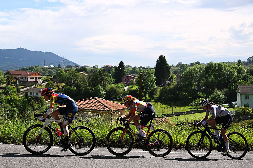 Riejanne Markus (Lidl - Trek), Femke Markus (SD Worx - Protime) and Liane Lippert (Movistar) lead the race during stage 7 of the 2026 La Vuelta Femenina. (Photo by Szymon Gruchalski/Getty Images)