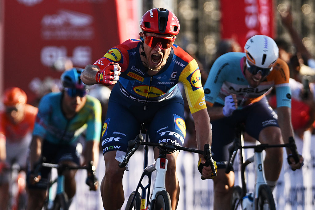 Jonathan Milan of Italy and Team Lidl - Trek celebrates at finish line as stage winner during the 8th UAE Tour 2026
